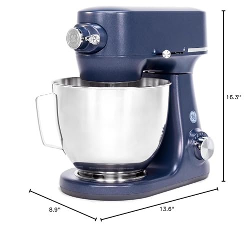 GE Tilt-Head Electric Stand Mixer | 7-Speed, 350-Watt Motor | Includes 5.3-Quart Bowl, Flat Beater, Dough Hook, Wire Whisk & Pouring Shield | Countertop Kitchen Essentials | Sapphire Blue GE