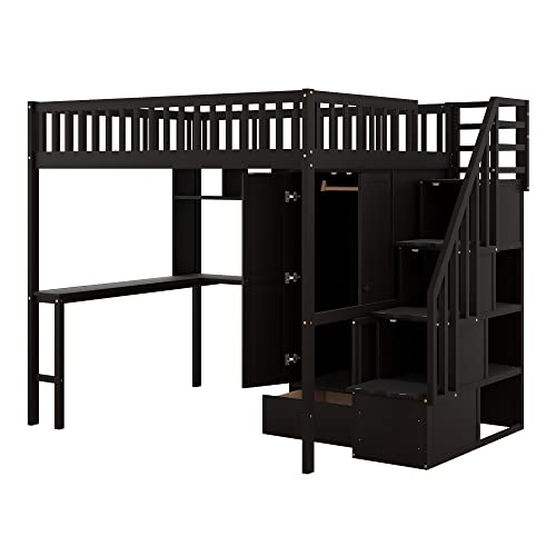 SOFTSEA Espresso Full Size Loft Bed with Desk, Wardrobe, and Storage Steps for Kids - WoodArtSupply