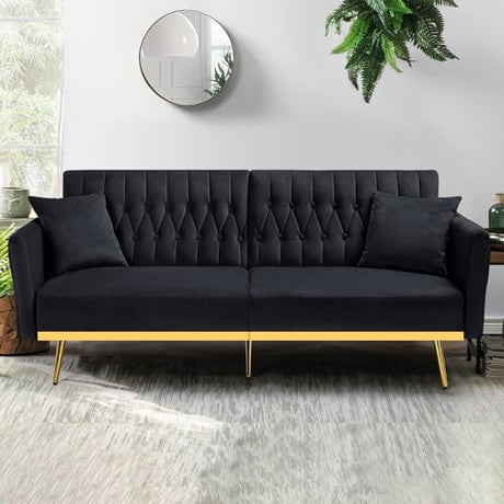 ACMEASE 70” Velvet Futon Sofa Bed with 2 Pillows and Adjustable Armrests, Convertible Sleeper Bed W/Adjustable Backrests, Modern Loveseat for Living Room, Bedroom, Black ACMEASE
