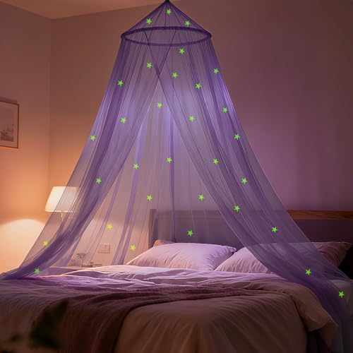 LionLively Purple Bed Canopy for Girls with Glow-in-The-Dark Stars, Princess Canopy Curtains Fits Single, Twin, Full, Queen Size Bed, Bedroom Accessories, Ceiling Tent