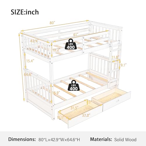 Merax Twin Over Twin Wood Bunk Bed with Storage Drawers in White - WoodArtSupply