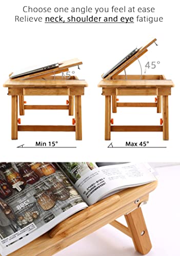 Laptop Desk Nnewvante Table Adjustable Bamboo Foldable Breakfast Serving Bed Tray w' Tilting Top Drawer - WoodArtSupply