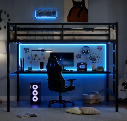 Bellemave Full Loft Bed with Desk and LED, Metal Full Loft BedFrame with guardrail and Ladder for Adults, Kids, Teens, Black Bellemave