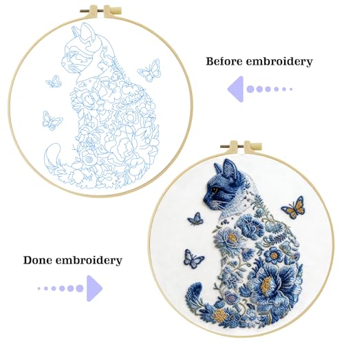 JOZYSH Blue Flower Cat and Butterfly Stamped Pattern Embroidery Kit for Beginners Adults Includes Cloth,Hoop,Color Threads,Needles and Instruction,Lover Hand Stitch with Embroidery Skill Techniques