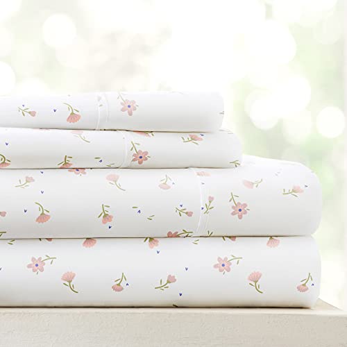 Linen Market Double-Brushed Patterned Microfiber Full Sheet Set 4 Piece – Oeko-TEX Certified Ultra Soft & Wrinkle-Free - 16" Deep Pocket Sheets - Easy Care Full Size - Soft Floral Pink Linen Market