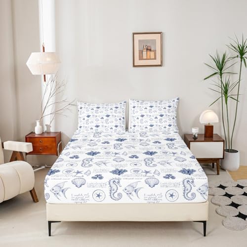 Coastal Sheet Set King Size,Seashell Conch Seahorse Starfish Coral Bedding Set 4Pcs,Ocean Beach Nautical Bed Sheet for Kids Teens Adult Room Decor,Navy White Fitted + Flat Sheet,2 Pillowcases Homewish