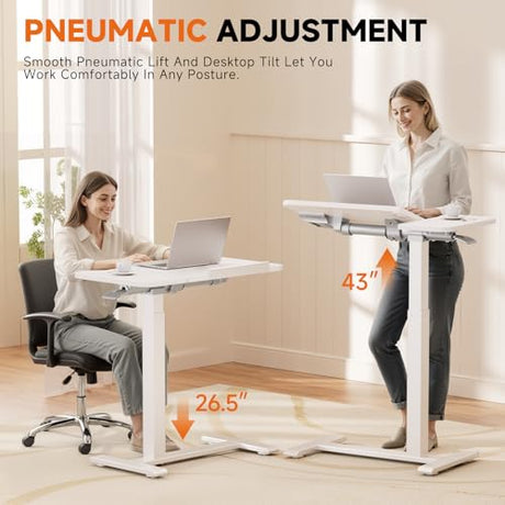 COMHOMA Tiltable Mobile Small Standing Desk, Pneumatic Adjustable Height Overbed Bedside Table with Wheels, Sit Stand Portable Rolling Laptop Desk Computer Workstations, White COMHOMA