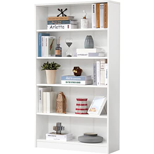 Farini Modern White 5-Tier Bookshelf - Adjustable Wood Bookcase for Bedroom, Office, or Living Room Farini