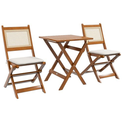 Outsunny 3 Pieces Patio Bistro Set Foldable Wooden PE Rattan Conversation Furniture Outdoor with Cushions, for Porch, Backyard, Garden, Light Teak - WoodArtSupply