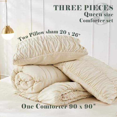 Bonlino Queen Comforter Set - Ruched Comforter Queen Size Bed Set Boho Shabby Chic Bedding for Bedroom Comforter Fluffy 3 Piece Ruffle Comforter Set with Pillow White Bedding Soft Bonlino