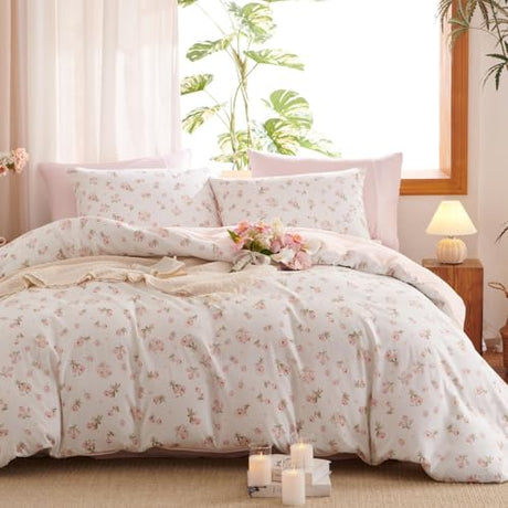 Erwinmu Floral Comforter Set Full Size - 3 Pieces Pink White Floral Comforter Bedding Sets Reversible Pattern,Full Bed in a Bag with Flowers Comforter and 2 Pillowcases Erwinmu