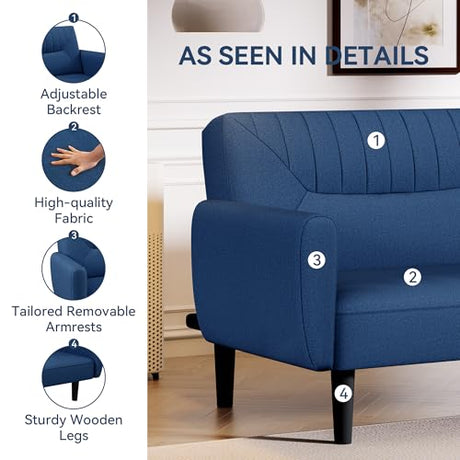 AMICLIBER Futon Sofa Bed,75.8" Linen Fabric Comfy Futon Couch Bed,3 Seater Convertible Sleeper Sofa with Adjustable Backrests,Modern Folding Loveseat for Living Room,Office,Apartment,Bedroom,Blue AMICLIBER