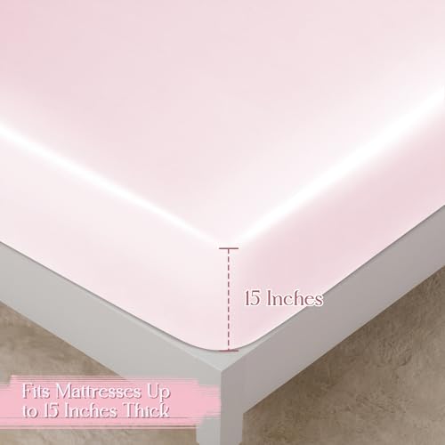 Homiest 2-Pieces Ruffle Pillow Case & Satin Fitted Sheet Set, Blush Pink Twin Satin Sheets with Ruffled Pillow Shams, 15 Inch Deep Pocket, Cute & Coquette Silk-Like Bed Set for Decorating Bedroom Homiest