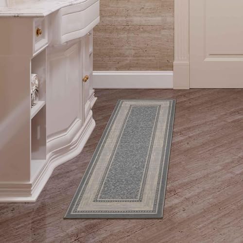 Machine Washable Bordered Design Non-Slip Rubberback 3x10 Traditional Runner Rug for Hallway, Kitchen, Bedroom, Living Room, 2'7" x 9'10", Light Gray Ottomanson