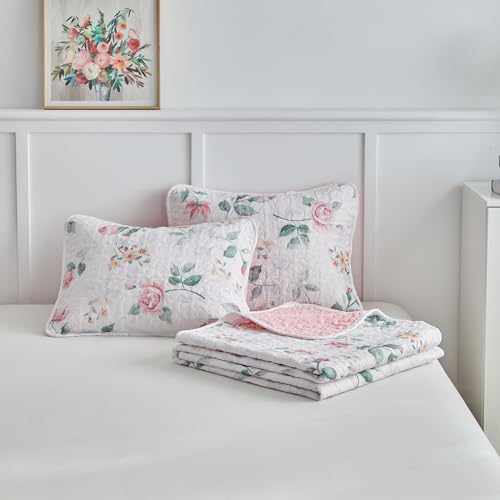 Floral Quilt Set Twin Size 68x86 with Pink Yellow Flower Soft Microfiber Lightweight Coverlet Bedspread Reversible Summer 2pc Quilted Bedding Set Bed Cover for All Season (1 Quilt+ 1 Shams) UOZZI BEDDING