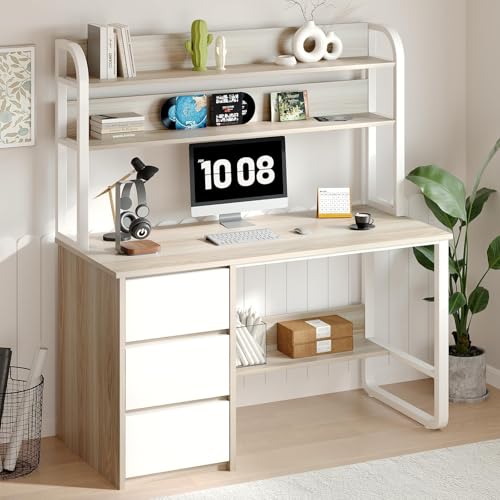 MaverickFurni 60 Inch Desk with Drawers, Computer Desk with Hutch for Bedroom, Study Writing Desk with Shelves for Small Spaces, Adjustable Feet (White and Walnut) MaverickFurni