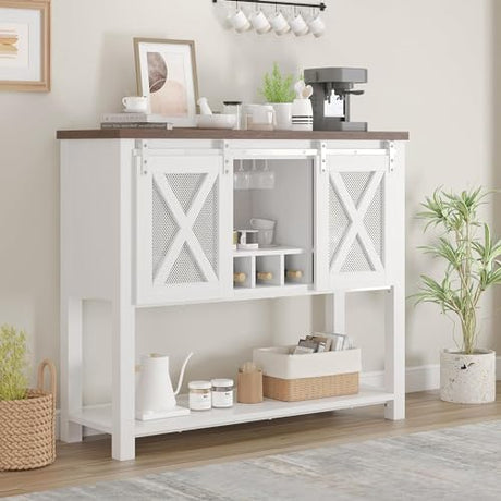 GAOMON Coffee Bar Cabinet, Farmhouse Sideboard Buffet Cabinet with Sliding Barn Doors, Wine Racks, Open Storage Shelf, for Kitchen, Dining Room, Entryway, White GAOMON