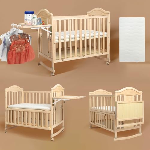 Flwrgirl Mini Baby Cribs 4-in-1 Convertible - Cunas para Bebes with Changing Shelf and Mattress Included,2024 Wood Baby Bassinets Bedside Crib Sleeper,Unpainted