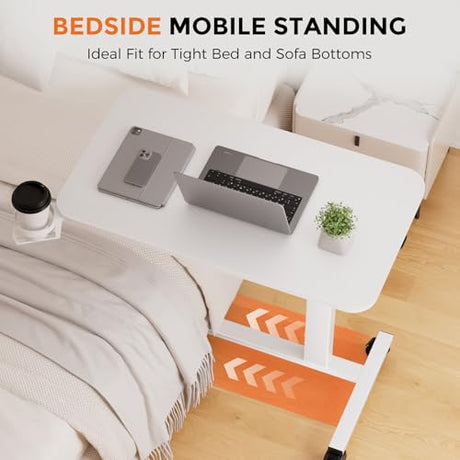 COMHOMA Adjustable Overbed Bedside Table with Lockable Wheels, Pneumatic Mobile Standing Laptop Desk, Small Standing Desk Portable Rolling Overbed Table Hospital Home Use(32" W x 18" D, White) COMHOMA