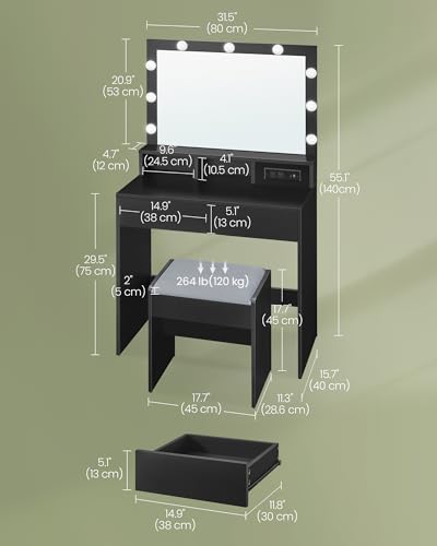 VASAGLE Vanity Desk with Power Outlets, Makeup Vanity with Mirror and Lights, with Upholstered Vanity Stool, 9 Dimmable LED Lights, 2 Compartments, 2 Drawers, for Bedroom, Ink Black URDT029B0 - WoodArtSupply