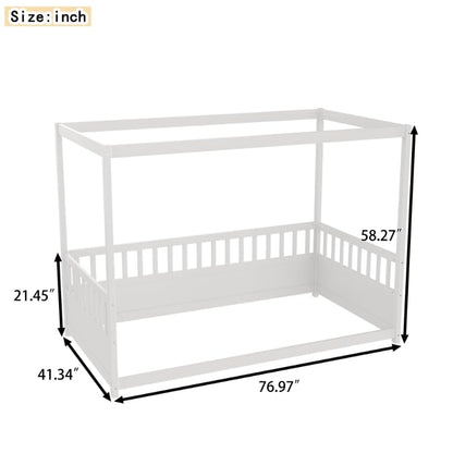 Twin Size Canopy Bed Frame with 4 Posters and Guardrails, Twin Size Montessori Floor Bed with High Fence, White Montessori Bed Twin Size