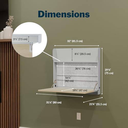 Vari Hide-Away Wall Mounted Floating Desk - 32” Foldable Murphy-Style Desk for Bedroom, Dorm, Apartment + Cable Ports, Bungee Storage, Shelf, 100 Lb Capacity + Simple Assembly (Dove Grey/Light Wood) Vari