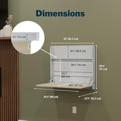 Vari Hide-Away Wall Mounted Floating Desk - 32” Foldable Murphy-Style Desk for Bedroom, Dorm, Apartment + Cable Ports, Bungee Storage, Shelf, 100 Lb Capacity + Simple Assembly (Dove Grey/Light Wood) Vari