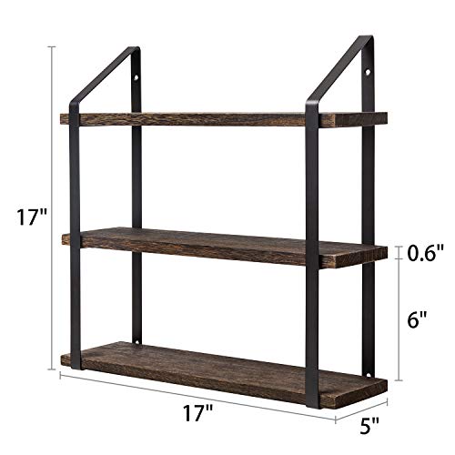 Mkono Floating Wall Shelves 3 Tier 17 Inch Rustic Hanging Shelf with Metal Bracket Wall Mount Wood Storage Display Shelves for Living Room Bathroom Bedroom Kitchen Office,Medium