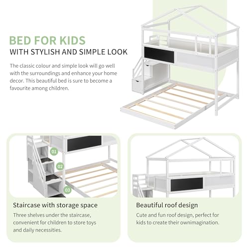 Merax Wood Twin Over Full House Bunk Bed with Ladder, Solid Pine Wood Bunk Bed Frame with Safety Guardrails, House Bunk Bed Frame for Home Merax