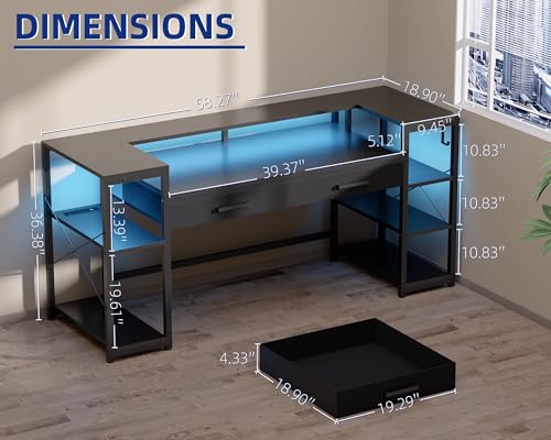 Pamray 58 Inch Computer Desk with Monitor Stand and Shelves Gaming Desk with LED Lights & Power Outlets PC Vanity Table with 2 Drawers for Home Office Black Pamray