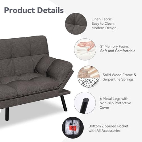 AMICLIBER Convertible Futon Sofa Bed,Grey Linen Modern Futon Couch,Memory Foam Loveseat Sleeper Recliner,Detachable Cushion,Adjustable Backrest & Armrest,Couch for Living Room,Office,Apartment AMICLIBER