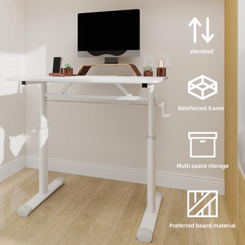 senfeii White Adjustable Study Desk for Kids & Adults – Manual Crank Height-Adjustable, Compact Multi-Purpose Desk for Home/Office (Sit-Stand Use) senfeii