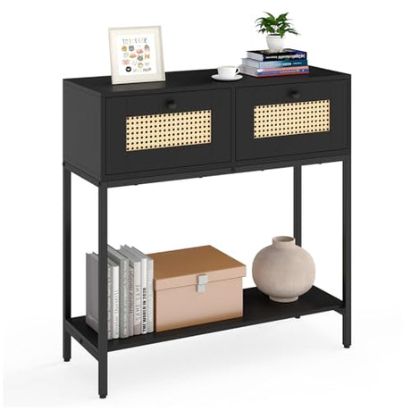 Giantex Rattan Console Table, 32" Boho Entryway Table with 2 Drawers, Metal Frame, Narrow Long Sofa Tables with Open Storage Shelf for Living Room, Hallway, Foyer, Entrance (Black) Giantex