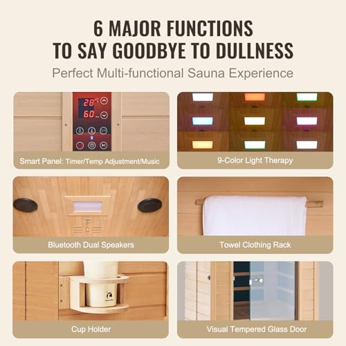 VEVOR 1 to 2 Person Far Infrared Wooden Sauna, Room Home Sauna Spa, Low EMF Far Infrared Hemlock Wood Sauna with Tempered Glass Door & Multicolor Lamp & Bluetooth Speakers & Chromotherapy Lights VEVOR