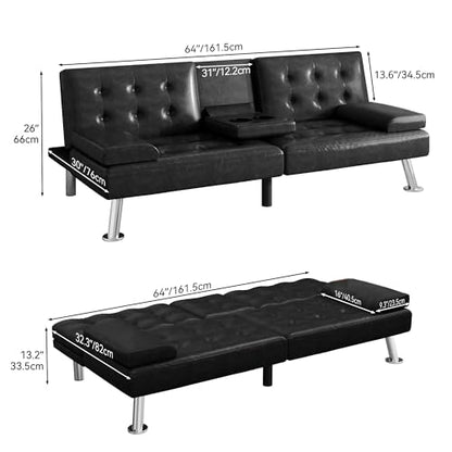 DWVO Futon Sofa Bed, Modern Folding Futon Set, Faux Leather Upholstered Modern Convertible Folding Futon Couch with Removable Armrests, Adjustable Loveseat with 2 Cup Holders for Living Room, Black