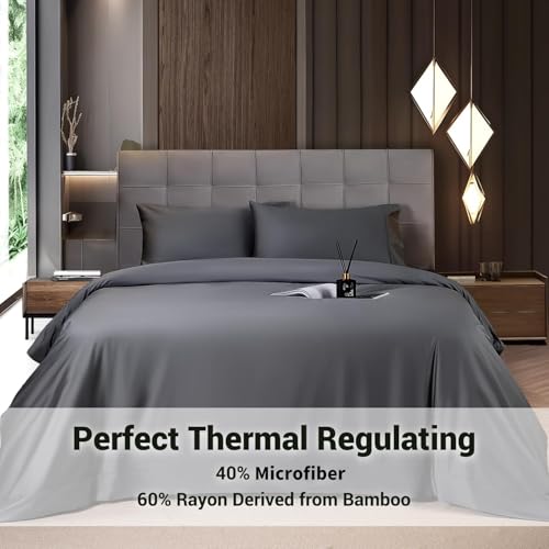 Shilucheng 4 Piece King Sheet Sets, Cooling Sheets, Blend Rayon Derived from Bamboo, Deep Pocket Up to 16", Breathable & Soft Bed Sheets, Hotel Silky Bedding Set, Dark Grey