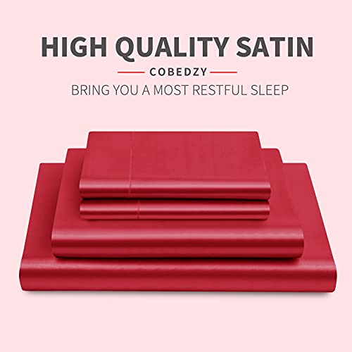 Cobedzy 3 Pcs Red Satin Sheets Twin Size Silky Satin Bedding Sheets Set with 1 Deep Pocket Fitted Sheet, 1 Flat Sheet, 1 Pillowcase Cobedzy