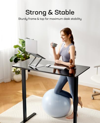 Marsail Glass Electric Standing Desk with Drawer, 48 x 24 Inches Height-Adjustable Desk, One-Piece Tempered Glass Top, Ergonomic Home Office Sit Stand Desk with 4 Preset Heights, Black Marsail