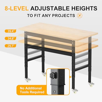 BETISEF 48’’ Work Bench Adjustable Workbench Heavy Duty Work Table with Wheels, 2000 Lbs Capacity Hardwood Work Benches for Garage, Workshop, Office, Home - WoodArtSupply