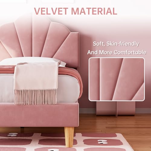 IDEALHOUSE Twin Bed Frame, Velvet Upholstered Platform Bed Frame with Height Adjustable Headboard for Boys & Girls, Wood Slat Support, Easy to Assemble, No Box Spring Needed, Light Pink IDEALHOUSE
