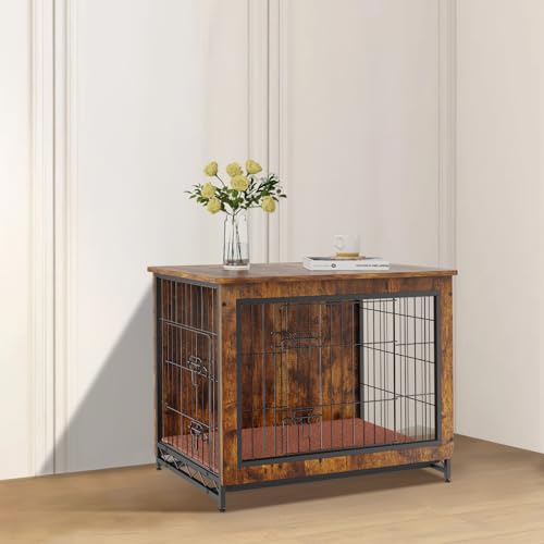 VEVOR Dog Crate Furniture, 32 inch Wooden Dog Crate with Double Doors, Heavy-Duty Dog Cage End Table with Multi-Purpose Removable Tray, Modern Dog Kennel Indoor for Dogs up to 45lb, Rustic Br - WoodArtSupply