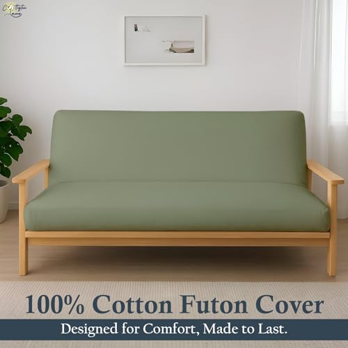 Cottington Lane Full Size Futon Cover, Japanese Futon Armless Premium Cotton Zipper Sleeper Sofa Cover, Soft Durable Slipcover for Dorm Room, Guest Bedroom, Living Room, Sage Solid Cottington Lane