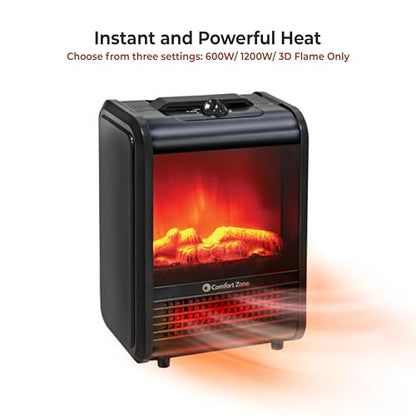 Comfort Zone Electric Mini Fireplace Space Heater with Realistic 3D Flame, Stay-Cool Body, Carry Handle, Overheat Sensor, and Safety Tip-Over Switch, Ideal for Home, Bedroom, & Office, 1,200W, CZFP1BK