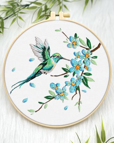 ERKOON Embroidery Kit for Beginners, Hummingbird and Flower Cross Stitch Set for Include Embroidery Cloth Hoops Threads for Craft Lover Hand Stitch with Embroidery Skill Techniques (Green Hummingbird) ERKOON
