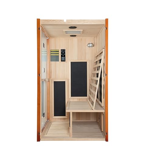 Woodbridge Infrared Home Sauna Room 2 Person Japanese Cedar Indoor Sauna with 7 Carbon Heaters, Red Light Therapy, Bluetooth Speaker, Intelligent Control Panel, Tempered Glass & Top Vent WOODBRIDGE