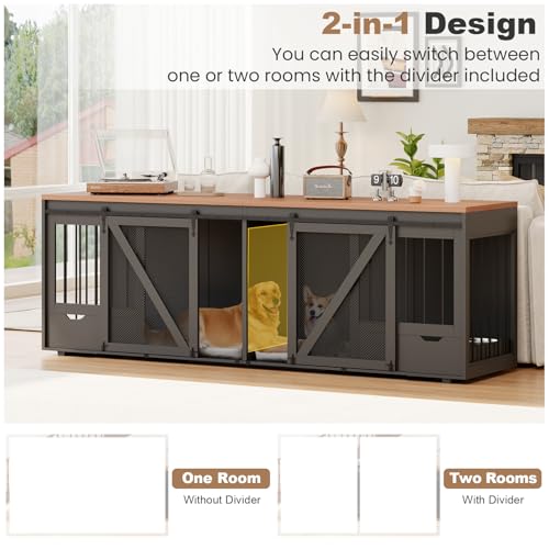 Large Dog Crate Furniture for 2 Dogs, 94.5" L Double Dog Kennel Furniture with Sliding Barn Door & Removable Bowl Drawers and Room Divide for Large & Medium Breeds MOWPEX