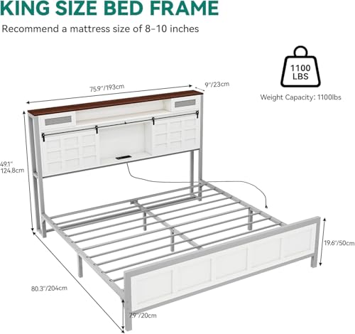 YITAHOME Farmhouse King Size Bed Frame with Charging Station and Led Light, Wooden Platform Tall Storage Headboard Bed Frame, Sliding Barn Door, Metal Slats Support, No Box Spring Needed, White YITAHOME