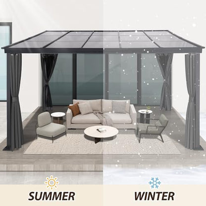 10' x 13' Lean to Gazebo, Wall Mounted Gazebo with Aluminum Frame, Polycarbonate Hardtop Gazebo Pergola with Sloping Roof for Outdoor, Backyard, Patio(Grey)