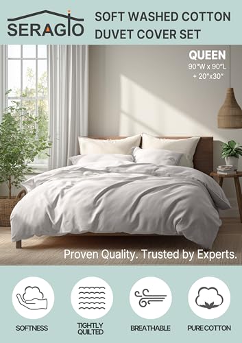 Seragio Duvet Cover Set – Lightweight & Breathable 100% Cotton Single-Layer Fabric, Tie Closure Duvet Cover + 2 Pillowcases, Machine Washable, 6 Colors,No Duvet Insert Included (Blue, Queen) Seragio