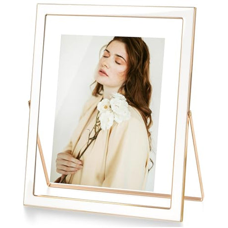 Axeman 8x10 Gold Floating Frame White Enamel Picture Frame with Metal Edge for 6x8, 5x7 up to 8x10 Photo Double Glass Floating Picture Frame for Desk Tabletop Shelf Vertical Display Axeman